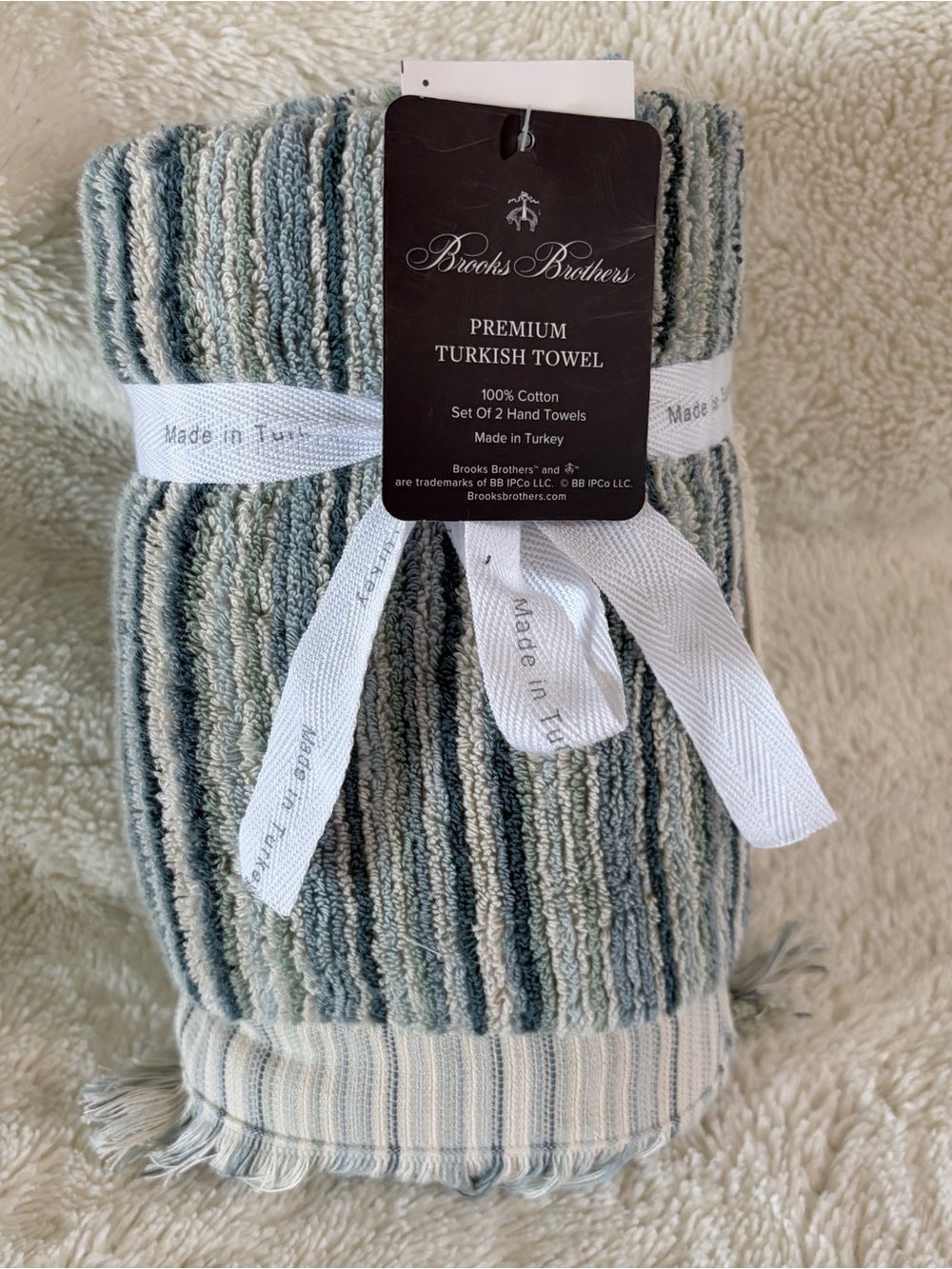 NWT Brooks Brothers Premium Turkish Aqua Green Striped Hand Towels S/2